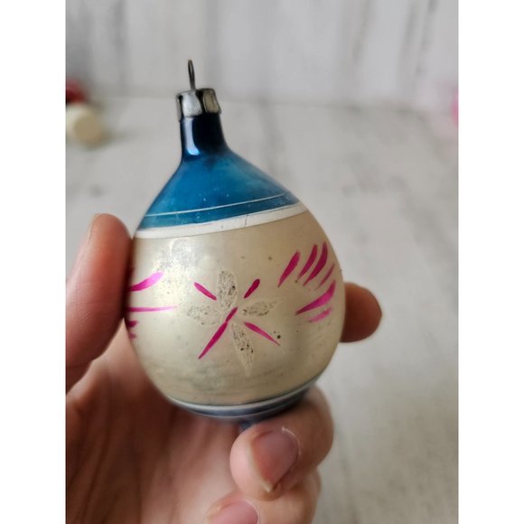 Antique Poland teardrop striped blue pink ornament Xmas Mercury glass tree - Picture 4 of 9